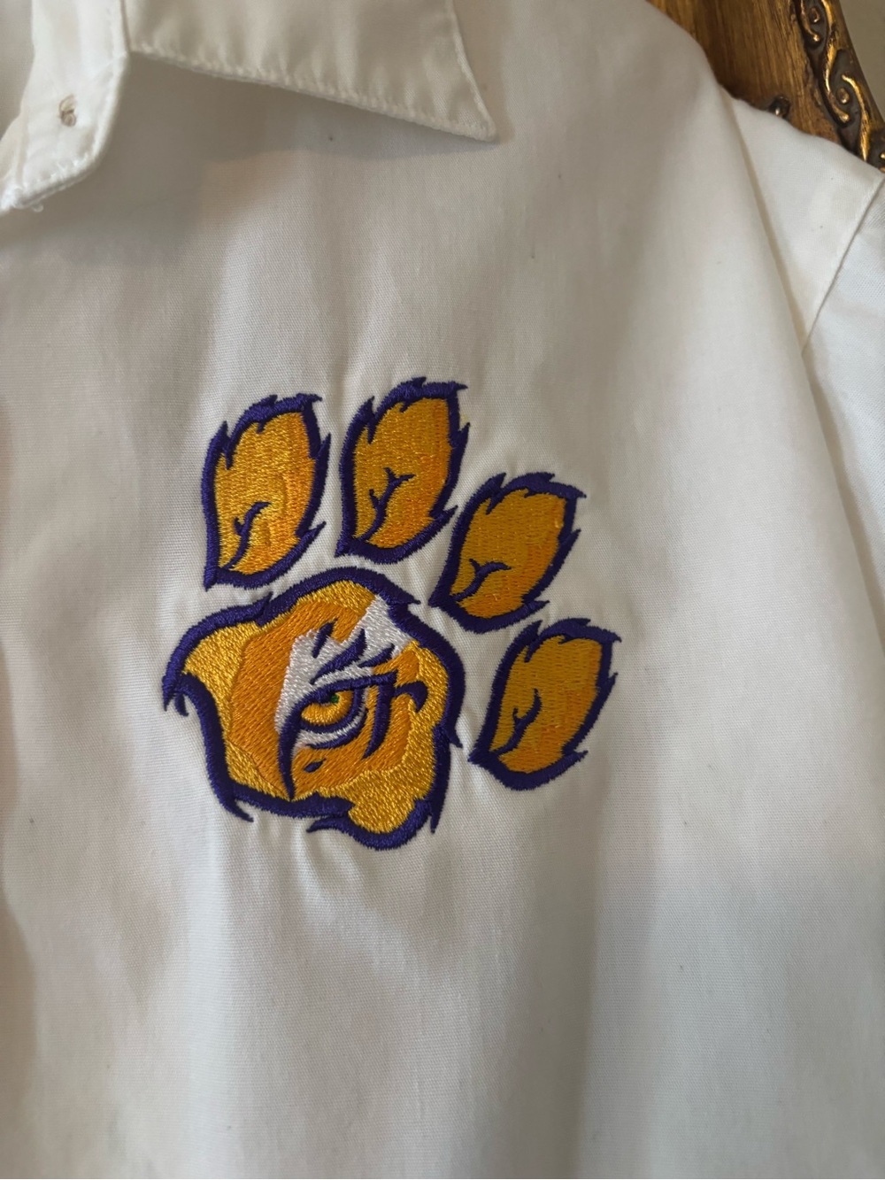 LSU Tigers Embroidered White Button-Down Short Sleeve Shirt - Picture 4 of 11
